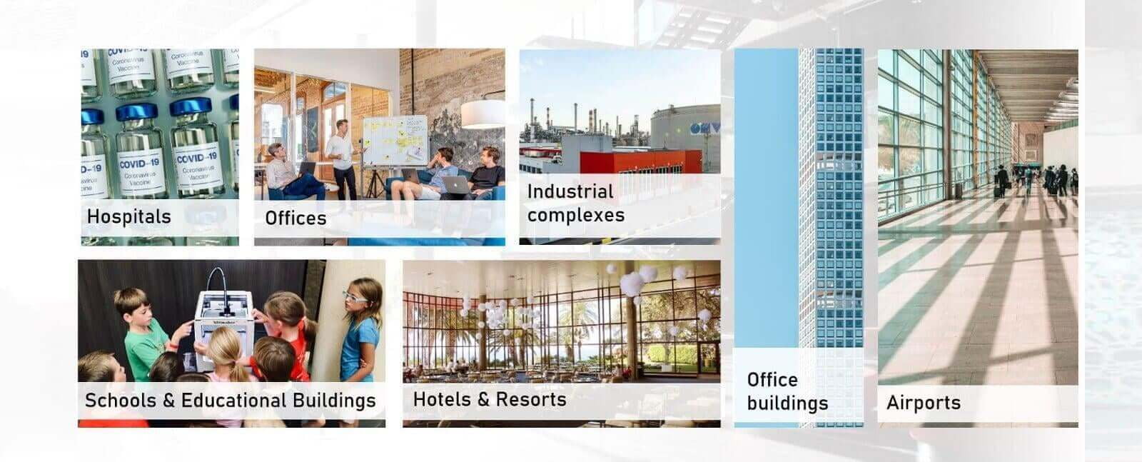 Las soluciones para edificios inteligentes son adecuadas para hospitales, oficinas, complejos industriales y fábricas, escuelas, hoteles y aeropuertos
